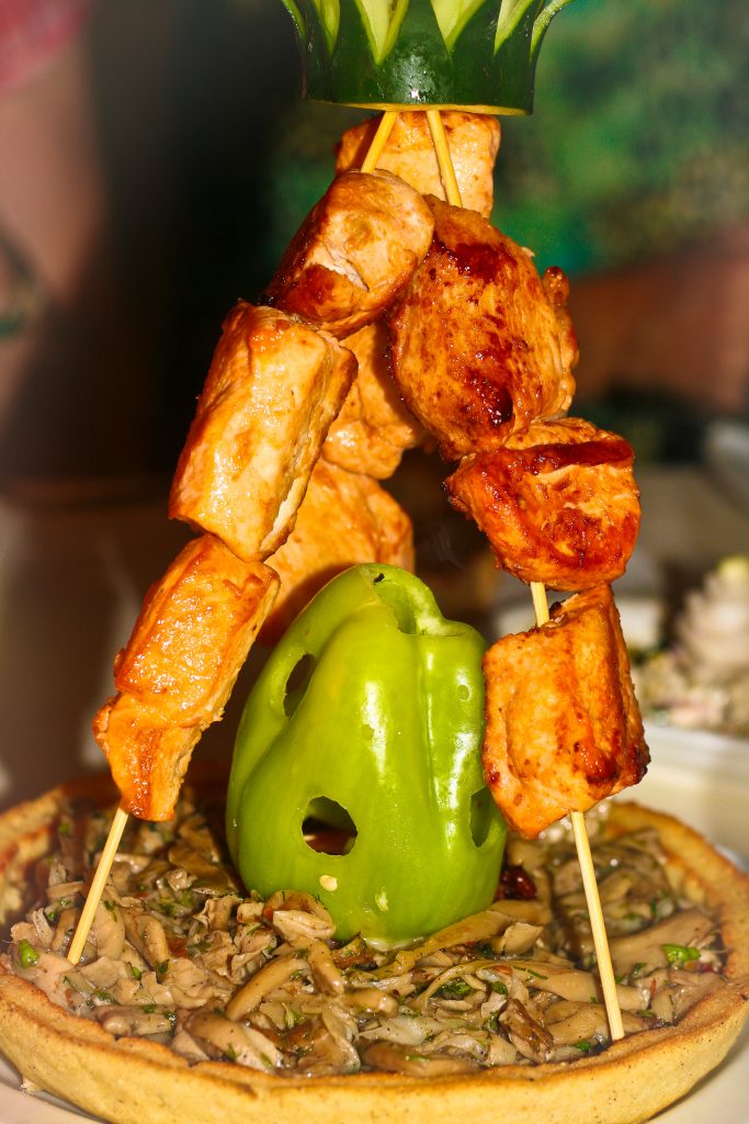 A mushroom quiche with the great meat skewers they prepare